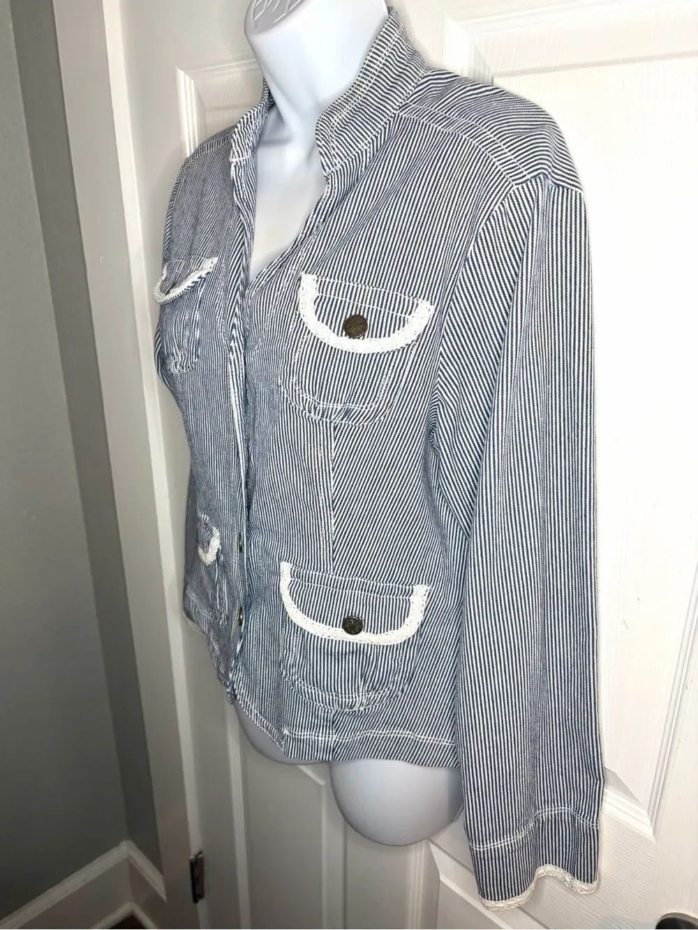 Y2K Ami Blue Striped Cotton Denim Jacket Blazer Pocket Lace Details S - Picture 5 of 9